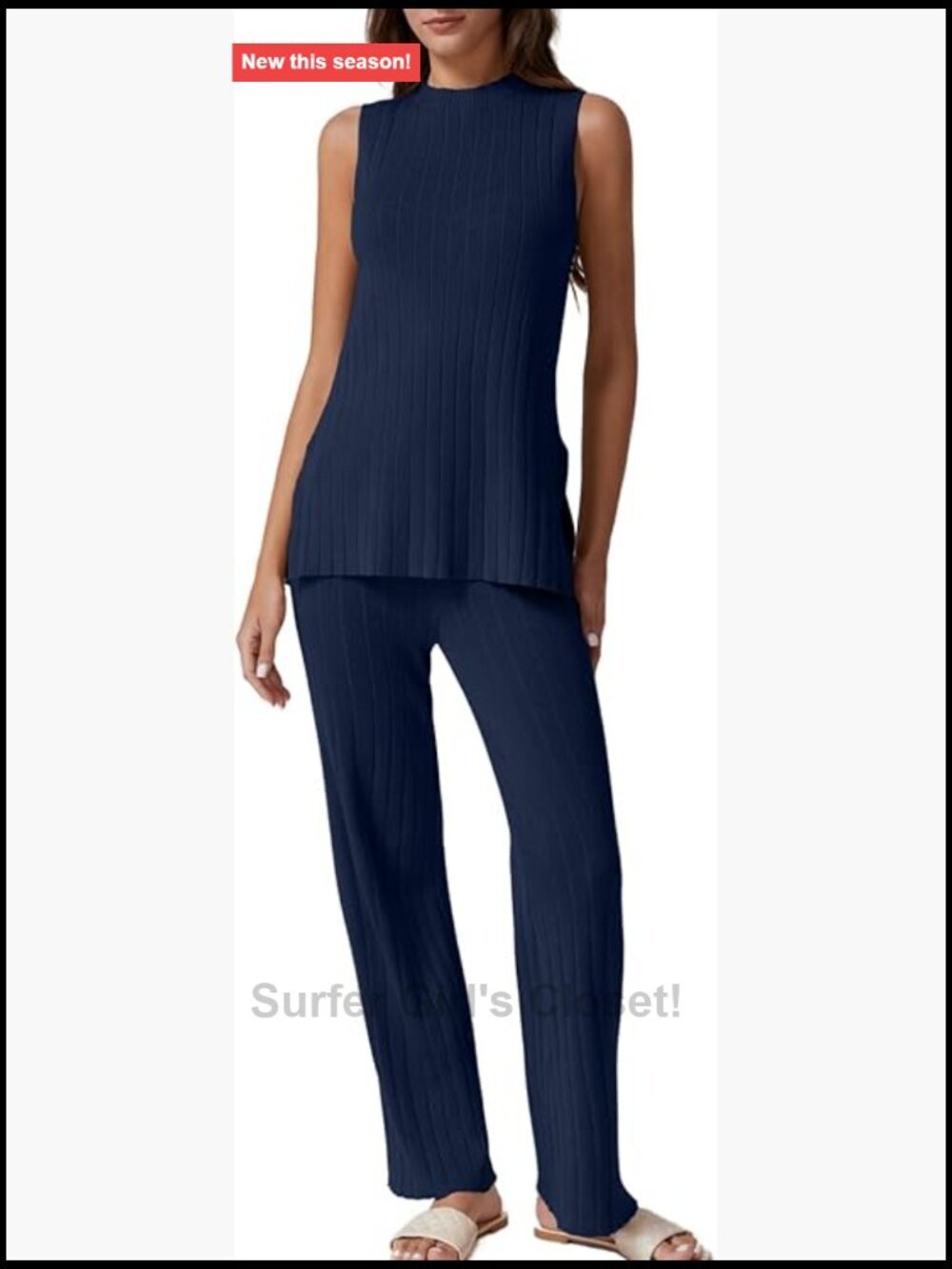 Two Piece Lounge Set Matching Knit Sleeveless Top Wide Leg Pants
